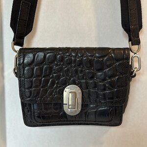 LIEBESKIND BERLIN Black Croco Leather Crossbody with Silver Hardware